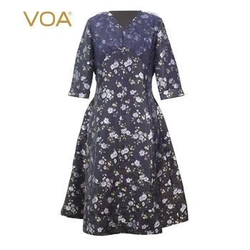 

VOA 55mm yarn dyed jacquard real silk small V-neck leaflet joint high-waisted gorgeous delicacy half-sleeve shirt dress A9018