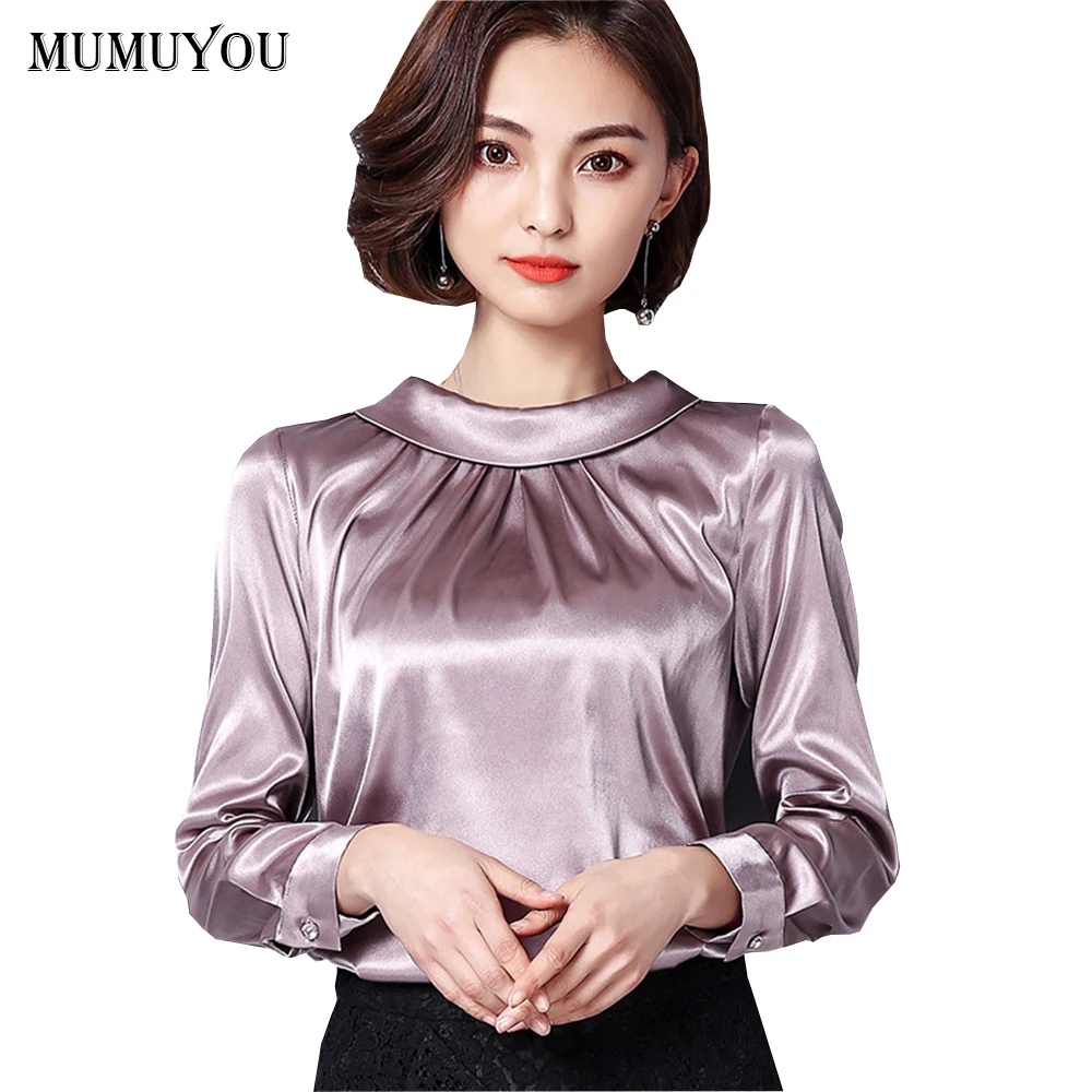 Women Formal Satin Shirt Faux Silk 