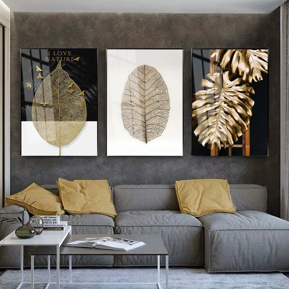 Nordic fashion art plant canvas painting golden leaf feather poster office wall painting living room home decoration mural