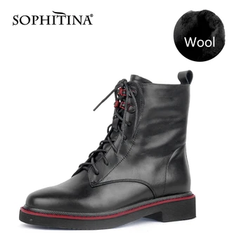 

SOPHITINA Casual Wool Ankle Boots Women Genuine Leather Ankle Strap Square Low Heel Non-slip Boots Keep Warm Women's Shoes C775
