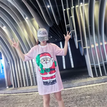 

Summer sequins cartoon santa claus print t shirt women tops short sleeve harajuku christmas tshirt loose clothes streetwear 2019