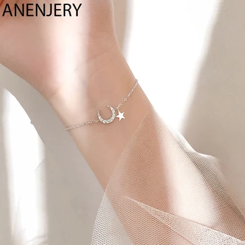 

ANENJERY Sweet Dainty Moon Star Charm Bracelet 925 Sterling Silver Micro Cubic Zircon Pendant Bracelet For Women Gifts S-B342