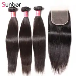 Sunber волос перуанские прямые пучки с закрытием 100% человеческих пучки волос Remy с 5x5 прозрачные кружевные парики