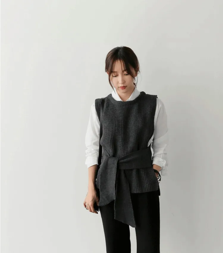 New Arrival Lace Up Sleeveless Pullover Women Knitted Sweater Solid Office Lady Vest Fashion Casual Female Sweaters Vest DS50856