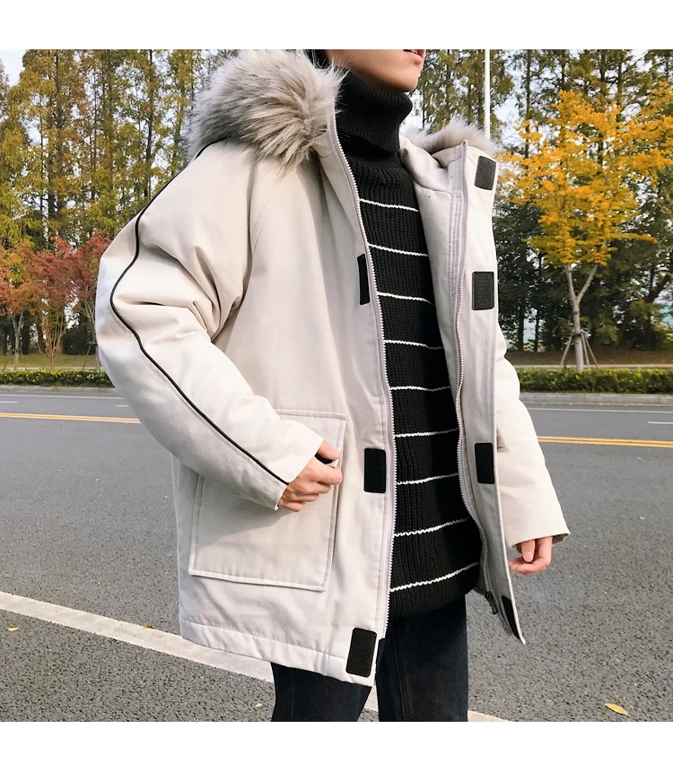 Winter Coat Men Warm Thick Fashion Parka Men Solid Color Casual Fur Collar Hooded Coat Man Wild Cotton Tooling Jacket Male