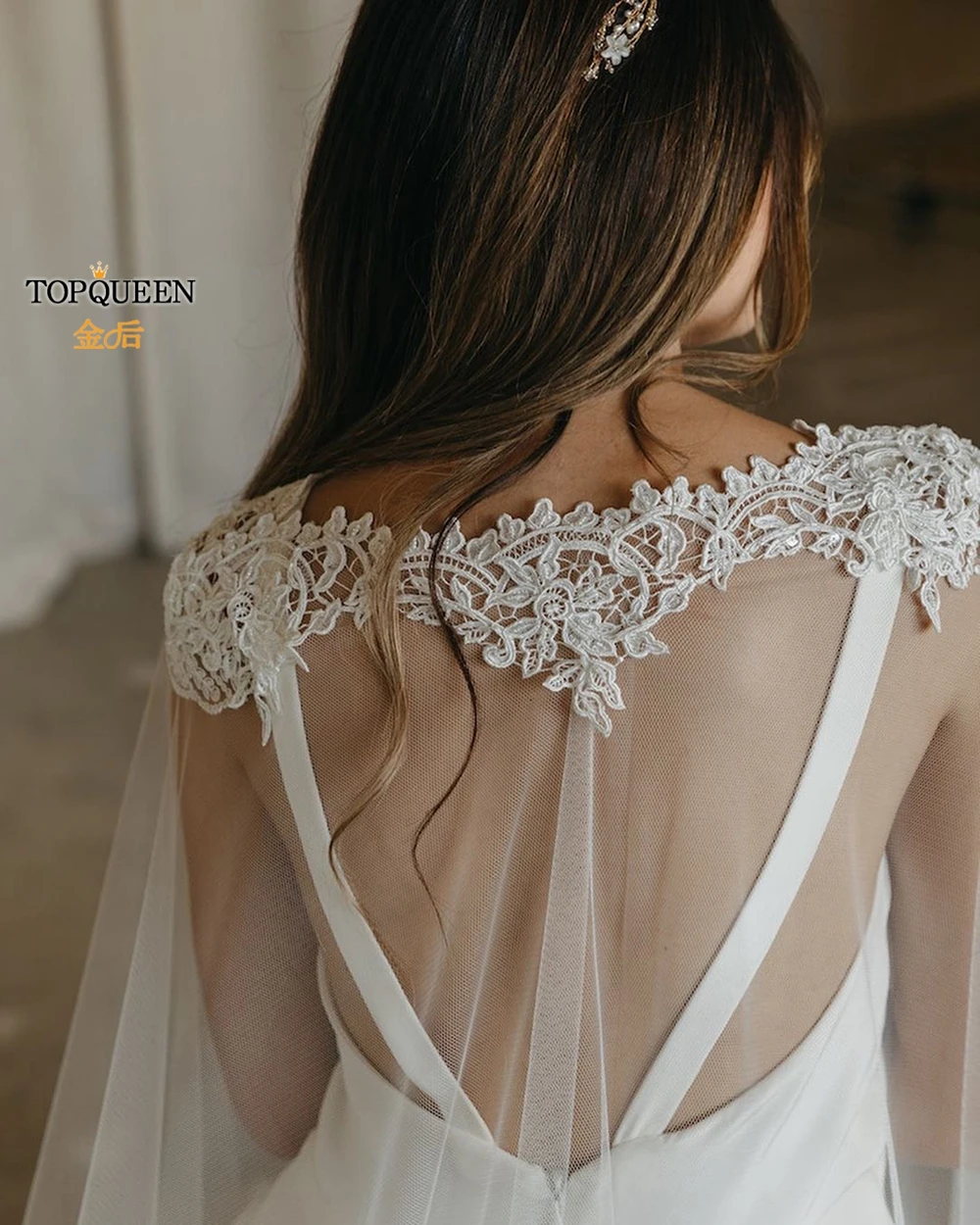 TOPQUEEN G36 Bridal Shawl Sexy Reverse Decoration Cloak Lace Embroidery for Reverse Wedding Dress Wedding Cape Veil Tulle Cape