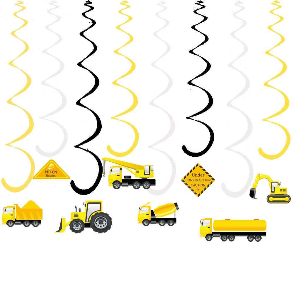 Construction Vehicle Party Decorations Excavator Bulldozer Truck Spiral Ornaments Hanging Whirls Swirl for Kids Party Supplies