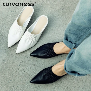 

2020 Summer Fashion Women Genuine Leather Pointed Toe Slipper Low Heels Outsides Ladies Slides Luxury Brand Beach Mules Shoes