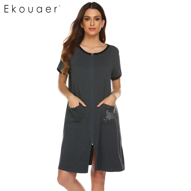 Ekouaer, Женская сорочка, хлопковая ночная рубашка с круглым вырезом, с коротким рукавом, на молнии спереди, свободная ночная рубашка, женская ночная рубашка, домашняя одежда