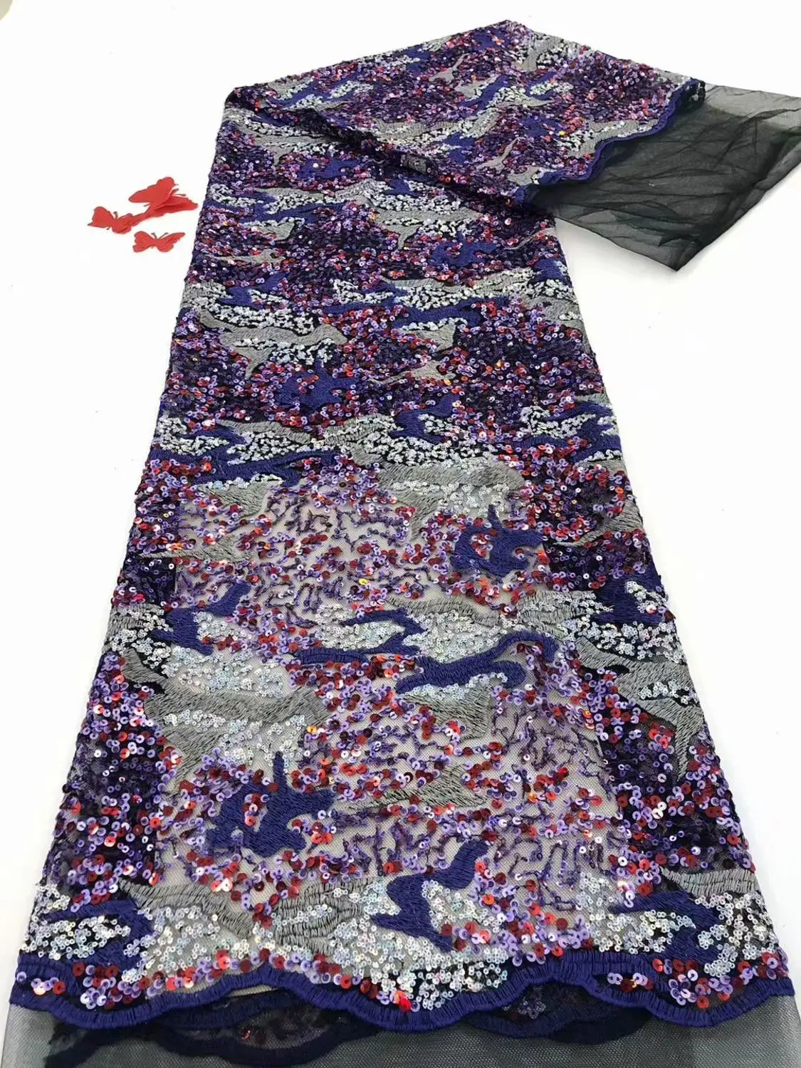 New arrival Purple color net lace fabric for designing dress with sequins Nigeria African Tulle Lace 2020 | Дом и сад