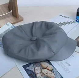 grey Осенне-зимние женские головные уборы однотонные восьмиугольная кепка газетчика Для мужчин женские Повседневное шапка PU Зимний берет Для женщин берет - Цвет: grey