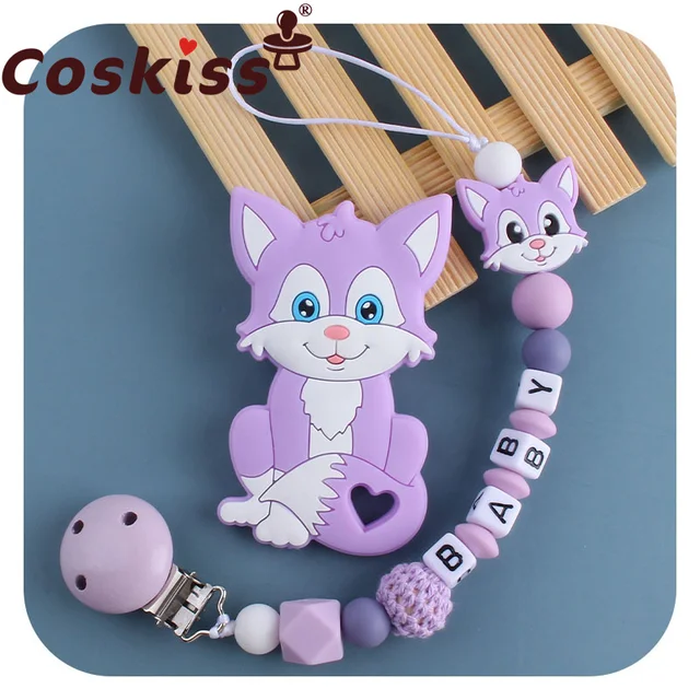 Coskiss Personalized Name Handmade Pacifier Clips Holder Chain Silicone Pacifier Chains Set Civet Cat Baby Teether Chain Purple