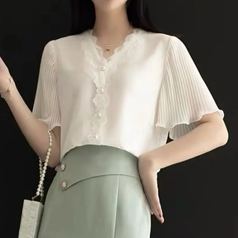 

Summer Women's Top and Blouse New Short-sleeved Ruffled Sleeve Soft Lace Shirt V Collar White Top Elegant Chiffon Blouse 14270