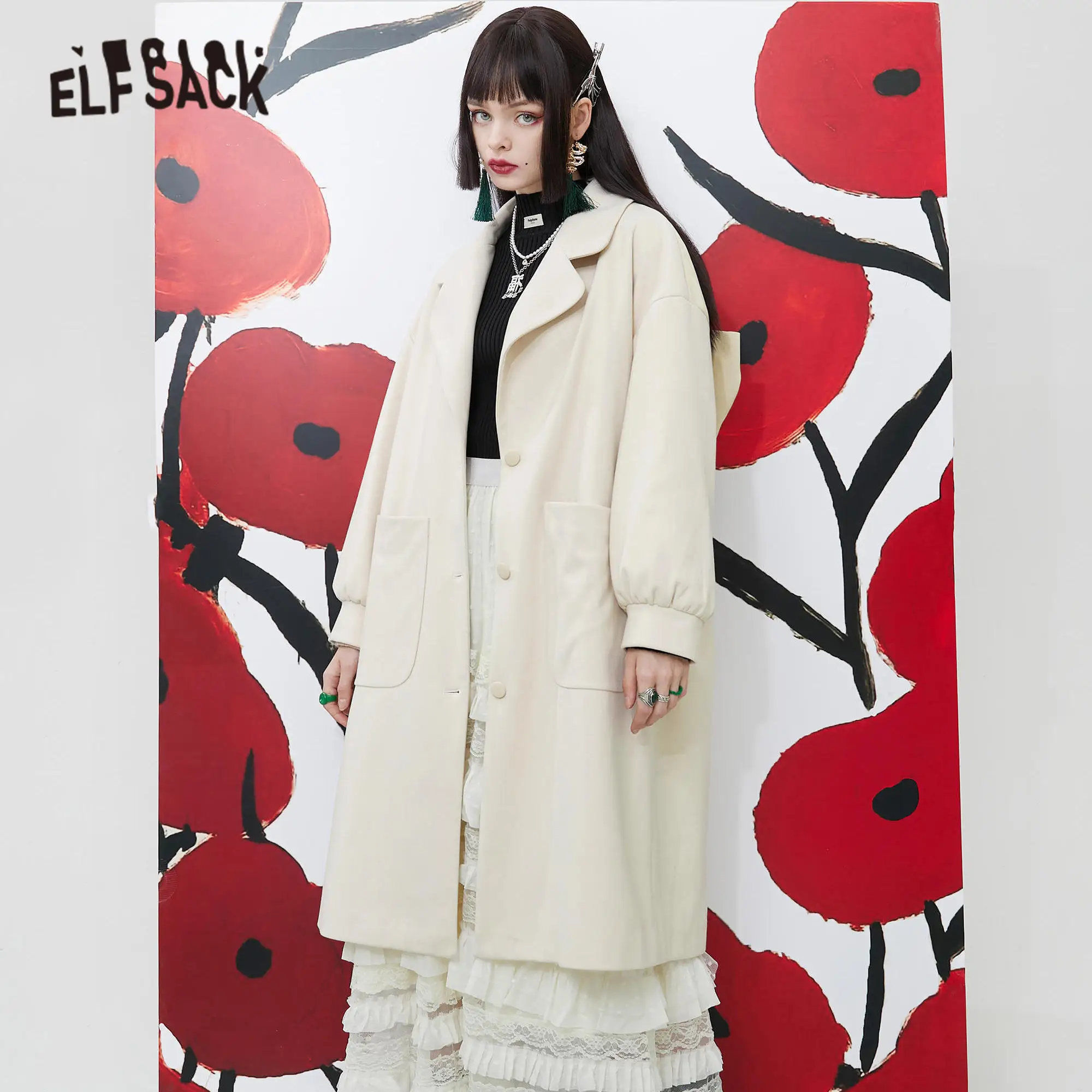 

ELFSACK Solid Pure Chic Bows Back Casual Oversize Wool Coats Women,2021 Winter Vintage Korean Ladies Long Sleeve Warm Outwear