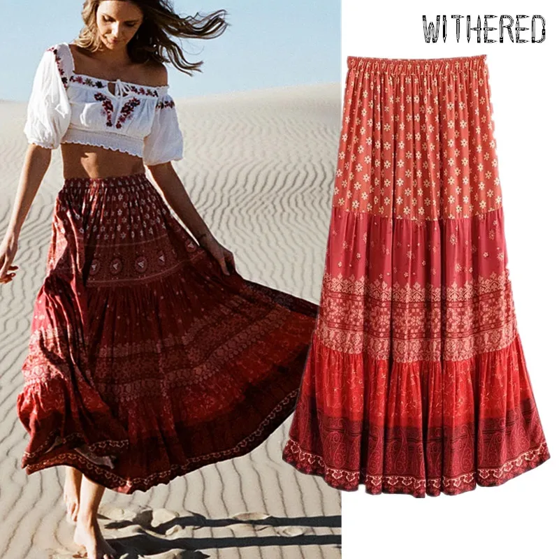 Увядшая богемная винтажная длинная юбка женское с цветочным узором эластичная талия Свободные faldas mujer moda пляжные миди юбки женские