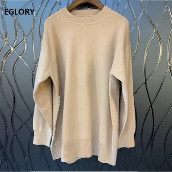 

High Quality New 2019 Autumn Winter Knitted Sweaters Women Pearl Beading Patchwork Long Sleeve Casual Plus Size Jumpers Female