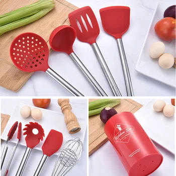 

8 Pcs Kitchen Cooking Tools Set Kitchenware Silicone Non-Stick Barreled Cooking Utensils Set With Stainless Steel Handle
