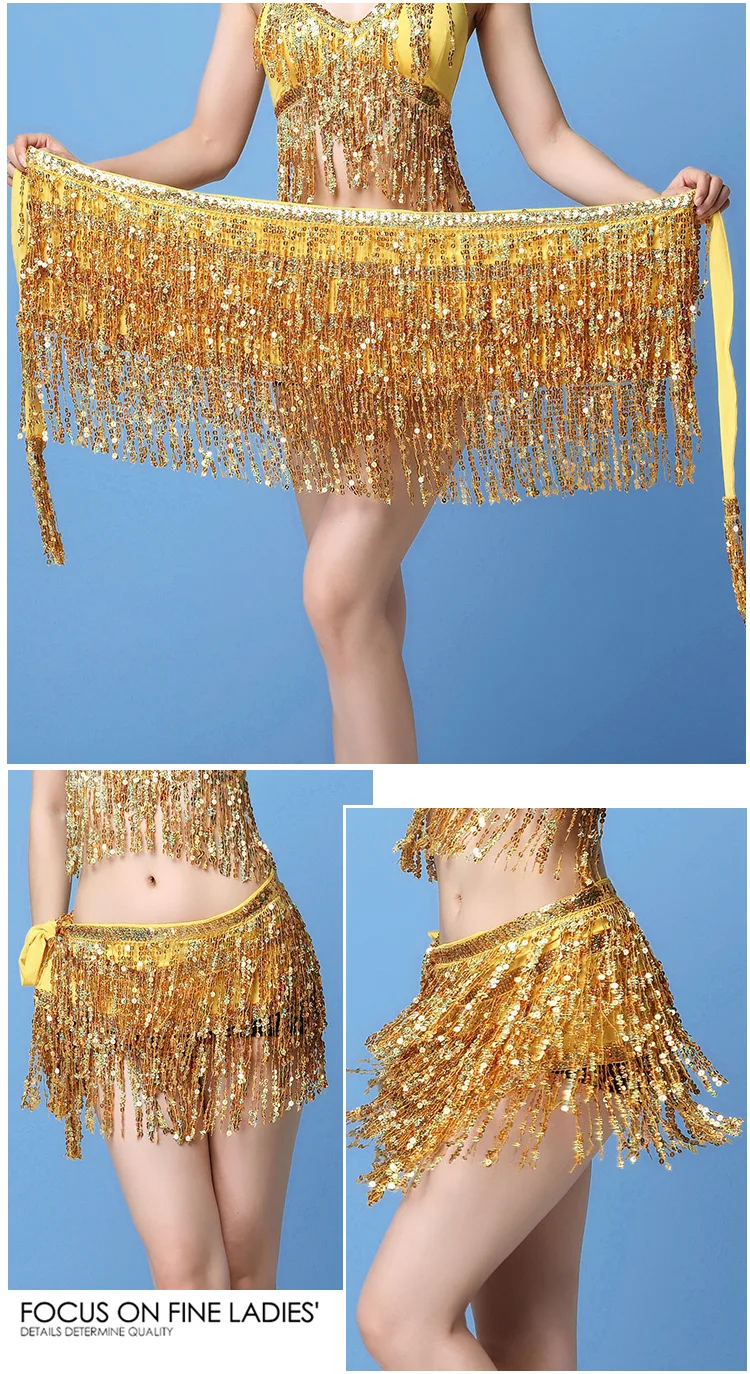 17 Colors Women Bellydance Clothing Accessories Tassel Belts 4 Rows Strips Rectangle Belly Dance Hip Scarf Sequins Fringes Belt