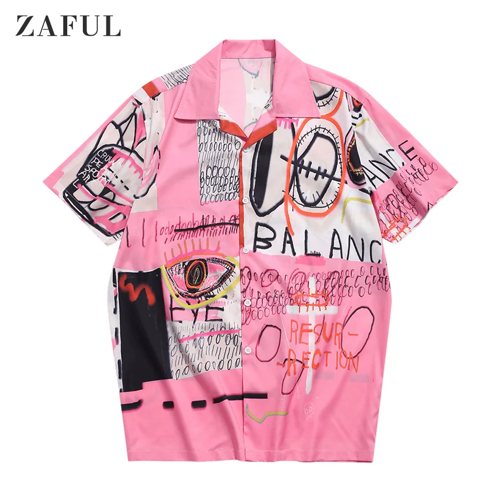 

ZAFUL New Men Korean Fashion Shirt Summer Short Sleeve Shirt Vintage Letters Painting Graphic Print Loose Beach Button Shirts