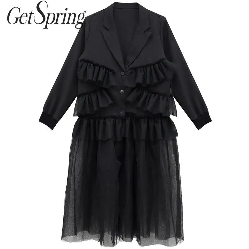 

GETSPRING Blazer Mesh Ruffle Patchwork Irregular Women Blazers Jackets Asymmetry Long Loose Casual Black Woman Suit Coat 2019