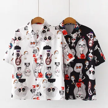 

2019 Summer Shirt Women Fun Vintage Print Short Sleeve Shirts Korean Loose Holiday Casual ladies Shirt