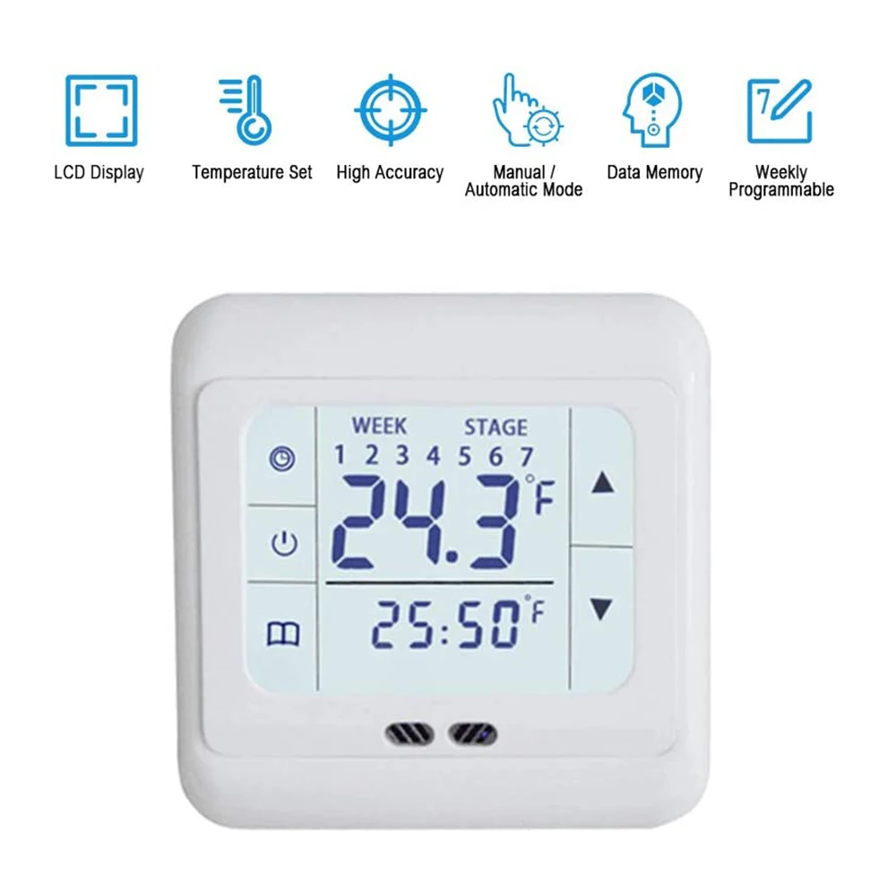 Thermostat Programmable Sans Fil + Récepteur Hf Atenza Contrôleur de température à écran tactile intégré Grand écran LCD à écran  tactile Thermostat numérique blanc AC 220V