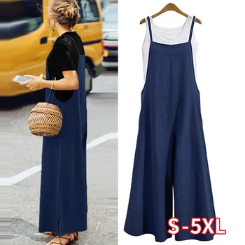 

Fashion Womens Ladies Cotton Jumpsuit Summer Strappy Loose Baggy Dungarees Overalls Oversized Jumpsuit Plus Size S-5XL