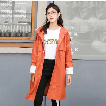 

Women Windbreaker 2019 Spring Autumn New Medium Long Loose Casual Tooling Coat Large Size Hooded Wild Female Trench Coat XIN003