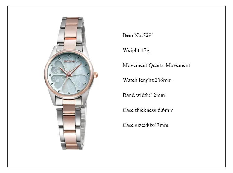 Skone, модные женские часы, браслет из нержавеющей стали, часы, серебро, розовое золото, сплав, чехол, повседневные кварцевые Cloverleaf часы, роскошный бренд