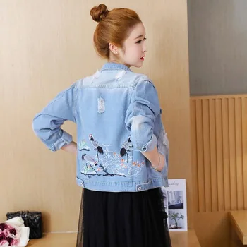 

Flower Bird Embroidery 2018 Autumn Jeans Coats For Women Long Sleeve Elegant Casual Streetwear Denim Jacket With Button L2219