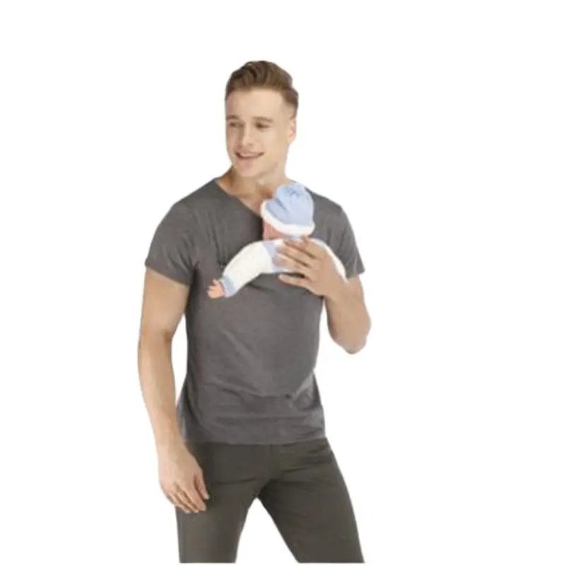 Safety Kangaroo Pocket T-Shirt Baby Carrier Summer Pregnancy Clothes Mother Father Short Sleeves Tops Feeding Nylon Cotton Tees 5