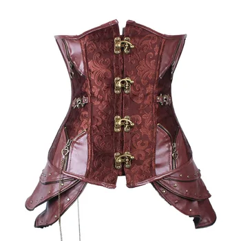 

Steampunk Leather&Jacquard Corset Waist Trainer Lace Up Body Shaper Women Gothic Costume Corset Brown For Lady Plus Size 2XL