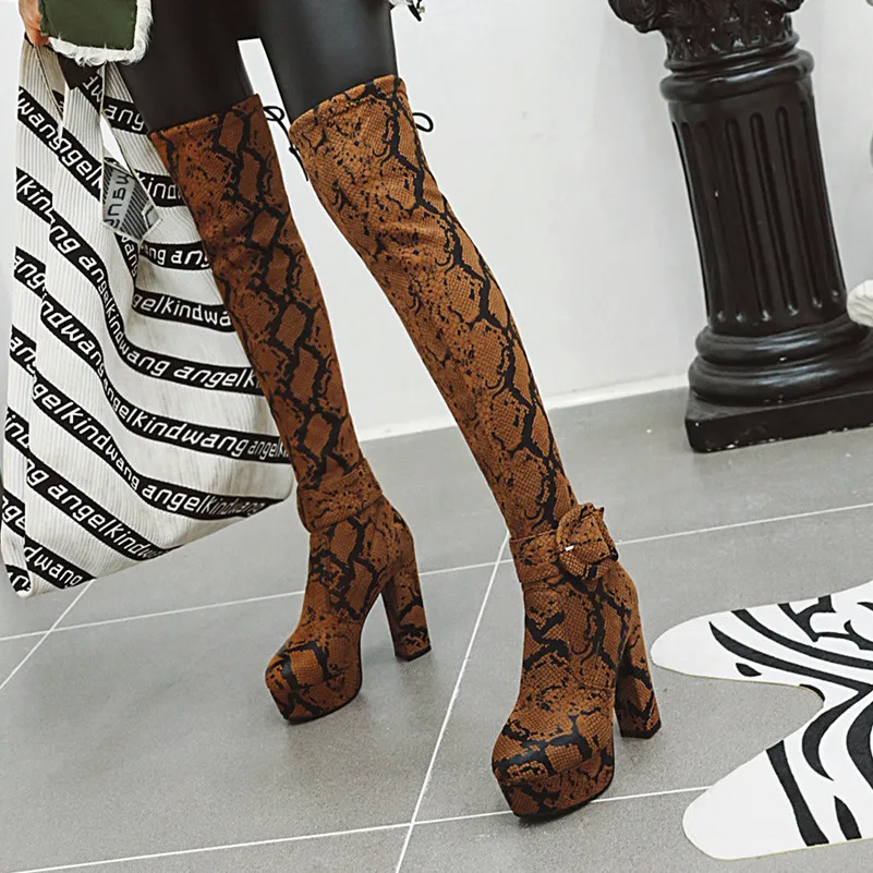 Meotina Winter Thigh High Boots Women Snake Print Thick Heel Over The Knee Boots Slim Stretch Super High Heel Shoes Ladies 33-46