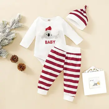 

Baby's Sets Romper Bodysuit Pants Hat Boys Girls Cotton Cute Koala Print Long Sleeve Striped Trousers Cap Cute