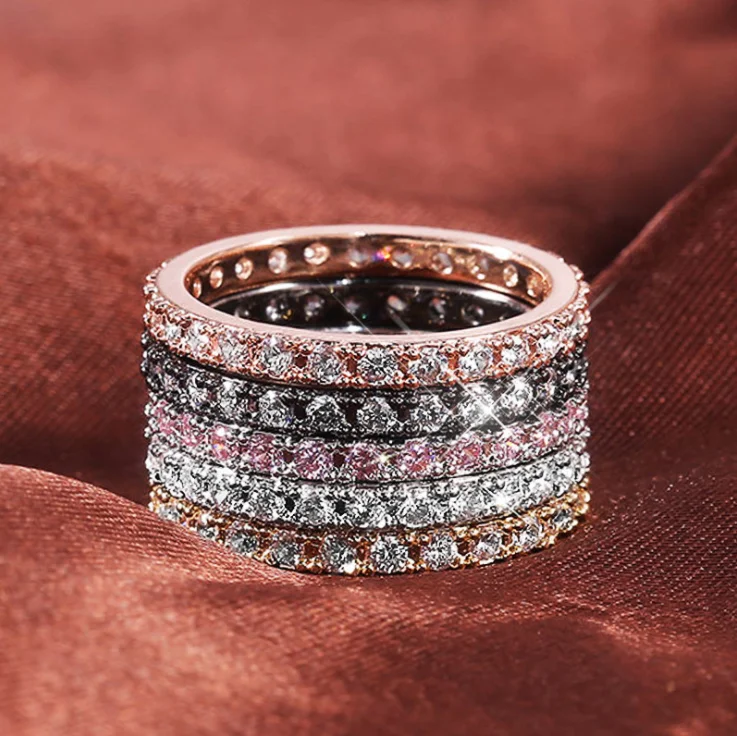 Frauen Schmuck Micro Pflastern Cz Zirkon Kristall Hochzeit Band вечное кольцо в режиме укладки 2 5 мм розовое