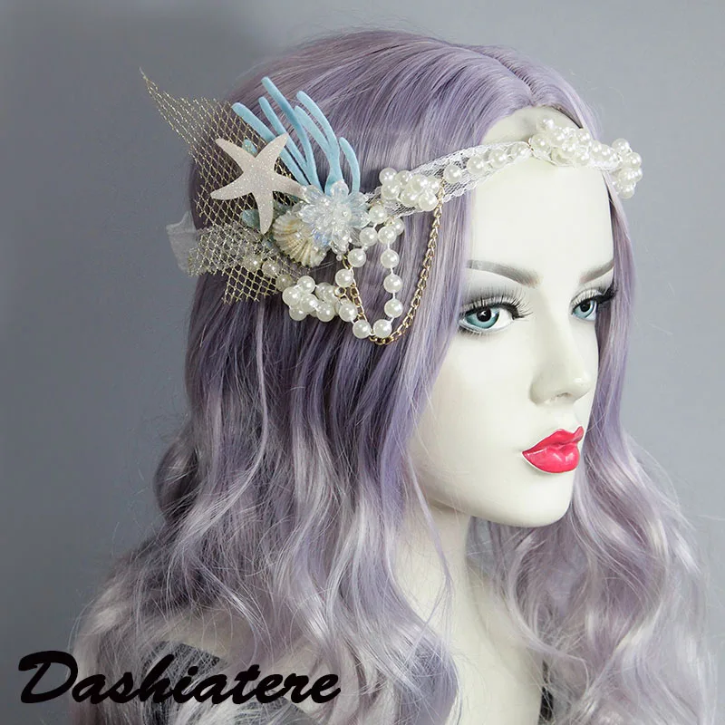 

Dashiatere Beach Starfish Shell Lace Headband Pearl Pendant Crystals Flower Headpiece Wedding Hair Accessories for Mermaid Party