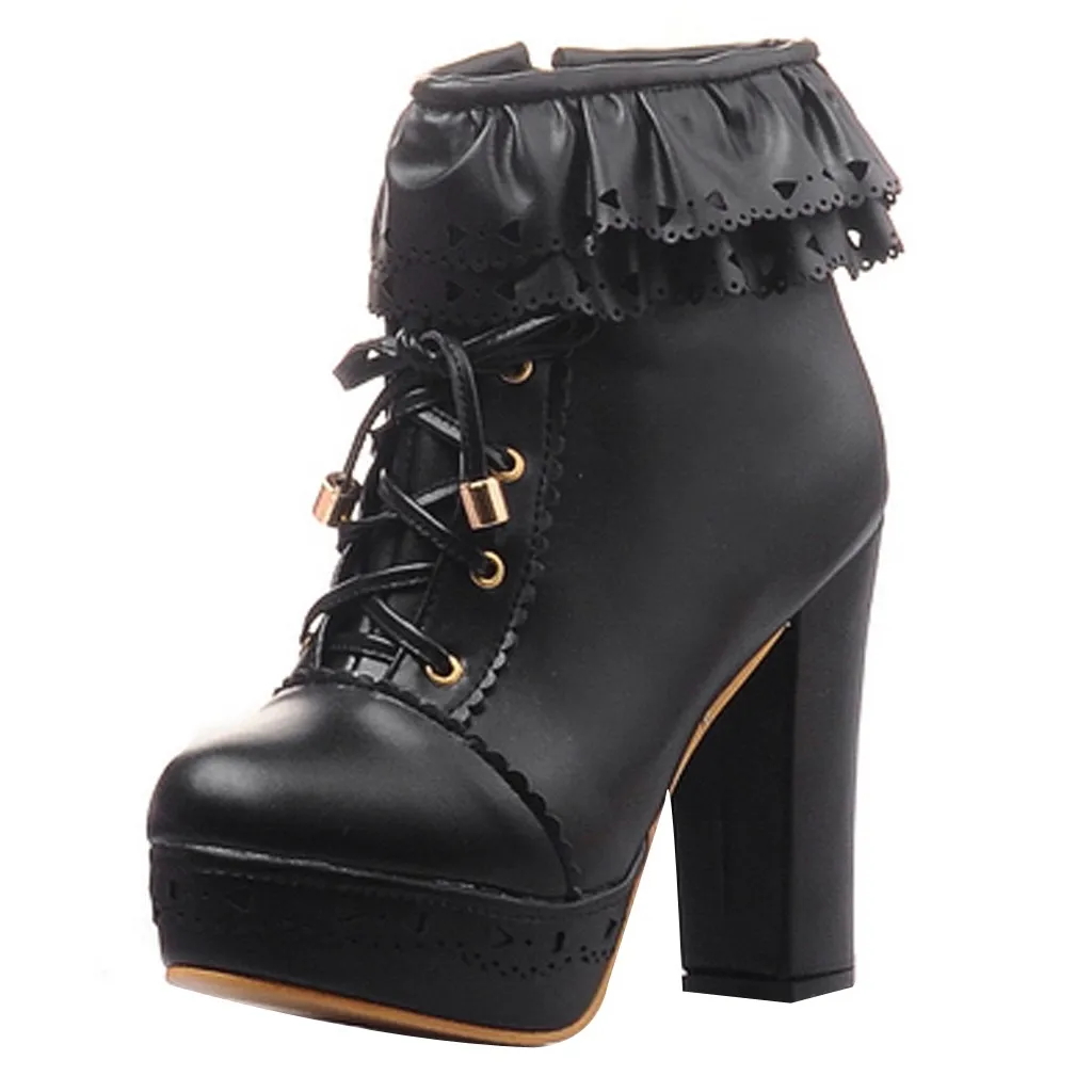 Милые ботинки в стиле Лолиты; Модные женские ботильоны на платформе с высоким каблуком и круглым носком на шнуровке; зимние ботинки; bottes femme