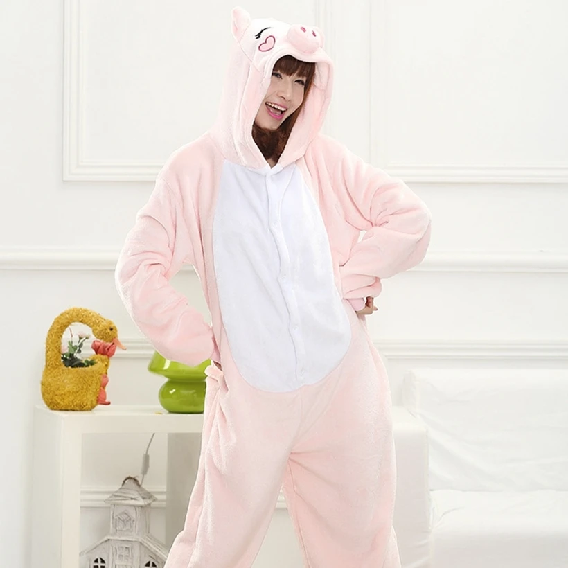Adult kigurumi Anime Women Costume Pink Pig Halloween Cosplay Cartoon Animal Sleepwear Winter Flannel Hooded Pajama