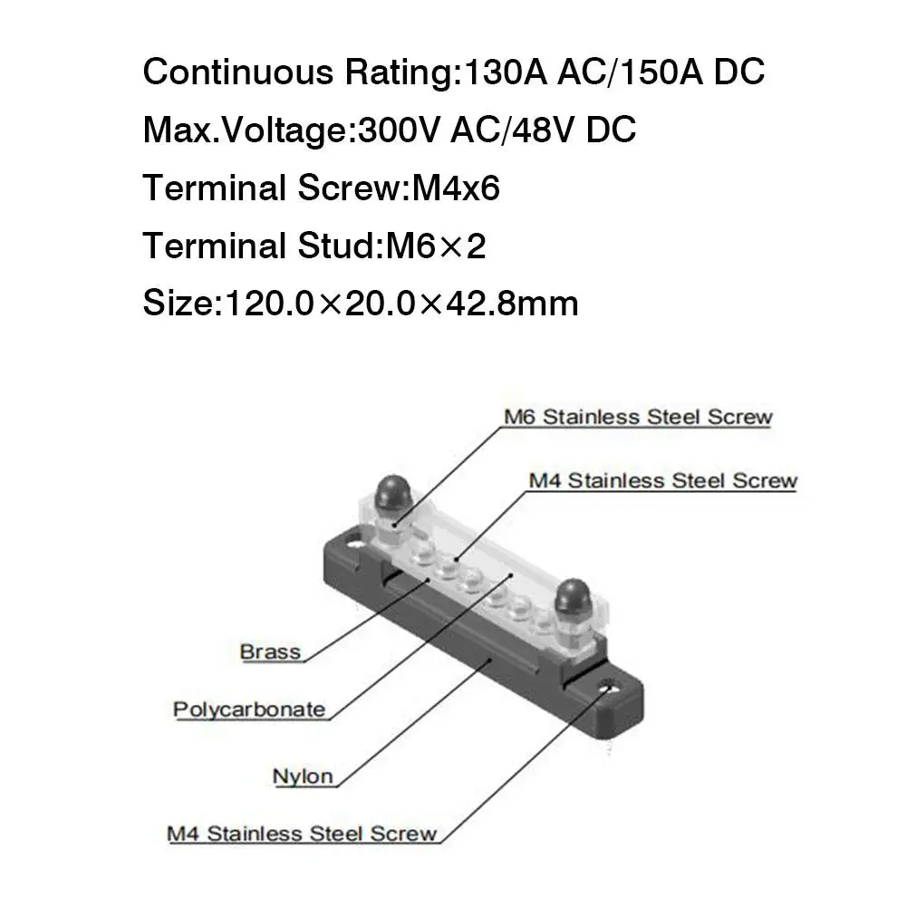 6 Terminal Bus Bar with Transparent Cover 150A Power Distribution for Car Boat Marine Caravan RV