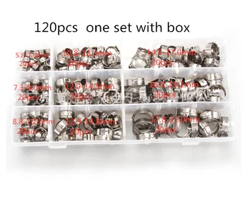 

Free shipping Pipe Clamp High Quality 120Pcs 7-21mm 304 Stainless Steel Single Ear Stepless Hose Clamps Assortment Kit