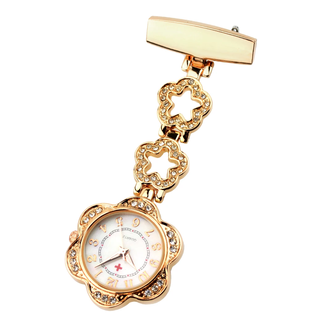 Nurse Nursing Chain Brooch Crystal Rhinestone Flower Pendant Fob Pocket Watch
