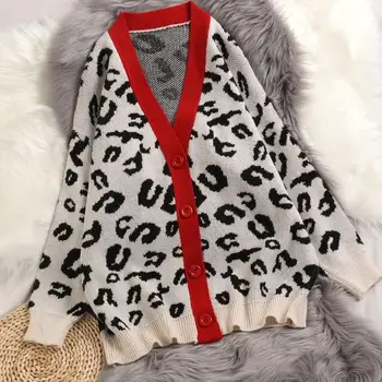 

Autumn Winter Women Leopard Print Sweater Cardigan Button Loose V Neck Sweater Fashion Female Casual Knitted Sweater