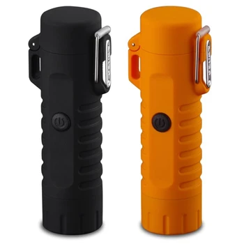 

2 Set Multifunctional Usb Waterproof Double Arc Charging Lighter with Flashlight Led Lamp-Black & Orange