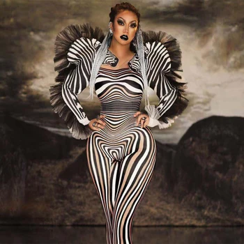 

Sexy Bar Club Female Striped Rompers Prom Party Women Zebra Pattern Ruffle Sleeve Stretch Stage Show Jumpsuit