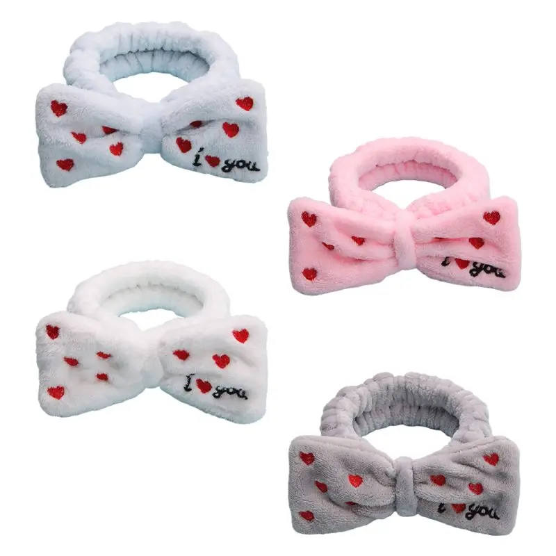 

Korean Women Coral Velvet Headband Cute I Love You Red Heart Embroidered Hairband Big Bowknot Wash Face Bandana Valentines Gift