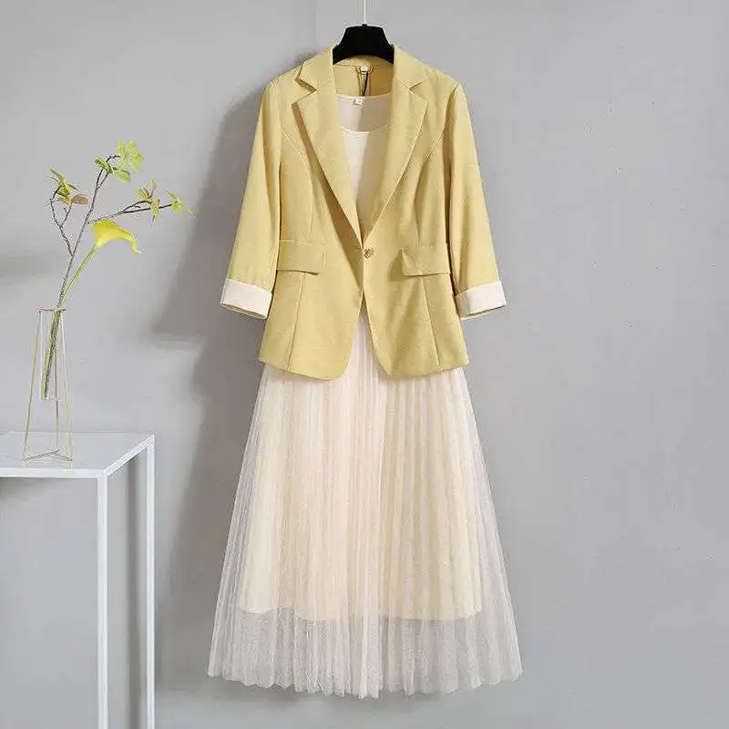 Sets For Women 2 pieces New Yellow Suit + Pleated Mesh Skirt Suit Fashion Two Piece Temperament Women's Suit Skirt