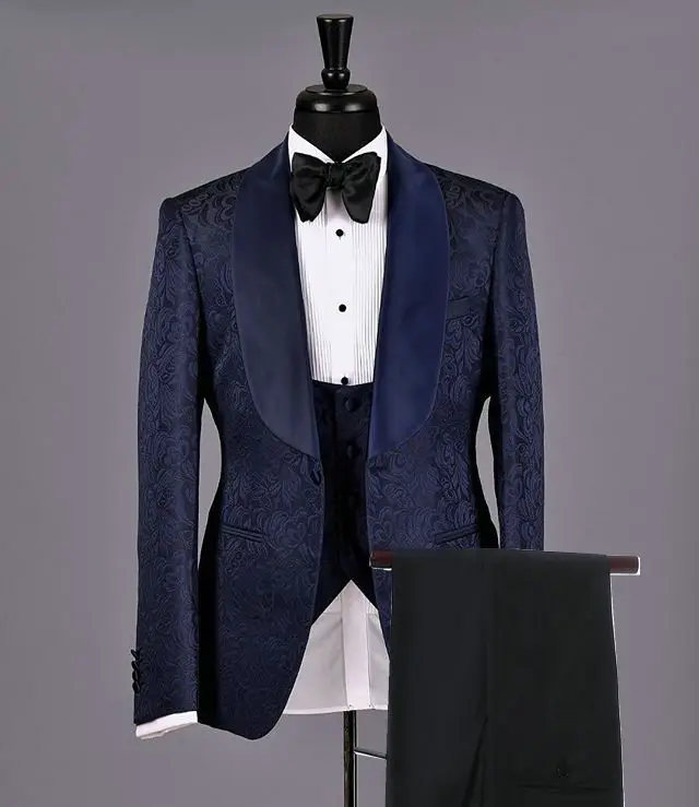 Elegant Wedding Suit Men 2024 Navy Blue Paisley Printed Tuxedo Groomsmen Groom Men Suits For Wedding Shawl Collar Mens suits