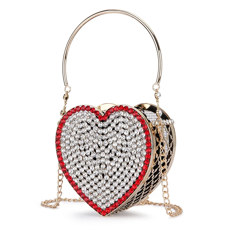 Luxury Diamond Heart Shape Evening Clutch Bag For Women 2021 Hollow Out Metal Cage Ladies Rhinestone Chain Purses And Handbags