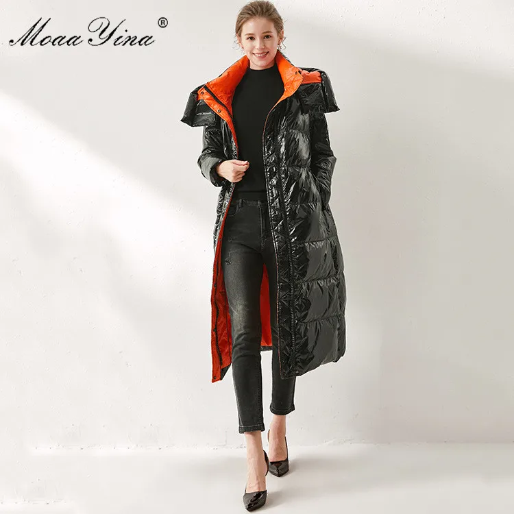 MoaaYina, высокое качество, длинный рукав, женские зимние Подиумные пальто, белый утиный пух, длинный, сохраняющий тепло, Черный пуховик, верхняя одежда