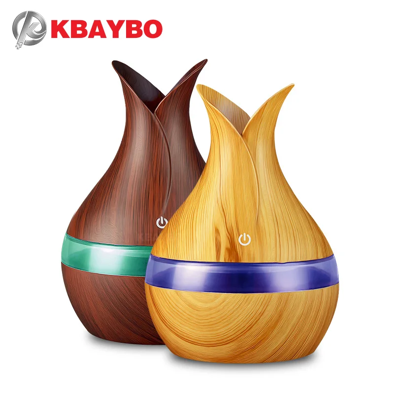 

KBAYBO 300ml USB Aroma Air Humidifier Essential Oil Diffuser Strong Mist Maker Wood Grain with 7 Colors LED Night Light for Home